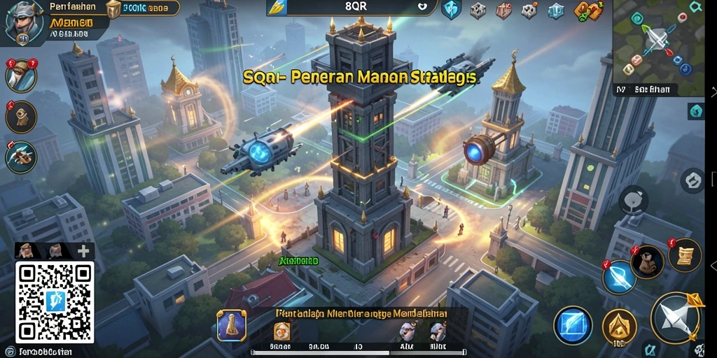 Tampilan gameplay exciting Tower Defense dalam 8QR dengan berbagai menara.