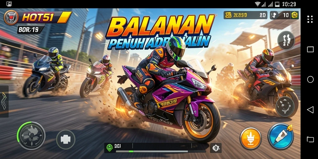 Gameplay seru dan mendebarkan dari HOT51 saat balapan motor.