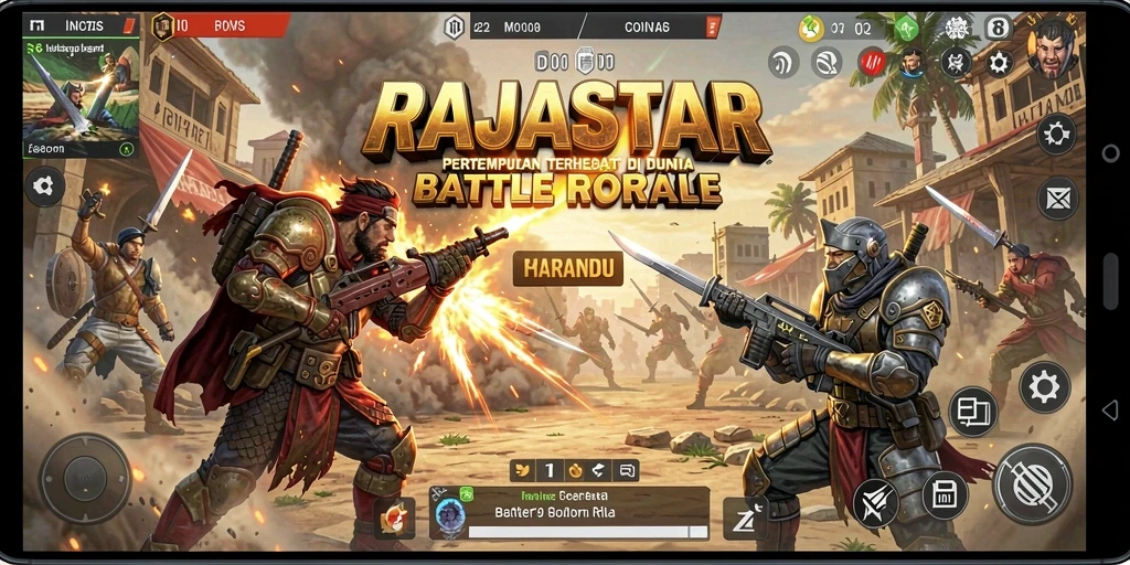 Screenshot gameplay RAJASTAR menampilkan aksi seru dalam Battle Royale.