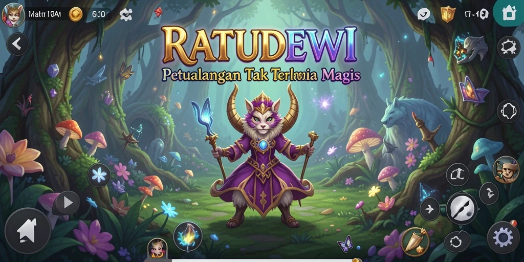 Screenshot utama gameplay RATUDEWI menampilkan petualangan seru di dunia magis.