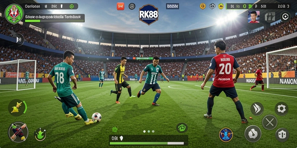 Gameplay asli RK88 menampilkan pertandingan sepak bola yang mendebarkan.