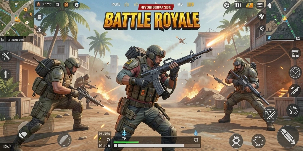 Screenshot gameplay RPVIP2 menampilkan pertempuran seru dalam Battle Royale.
