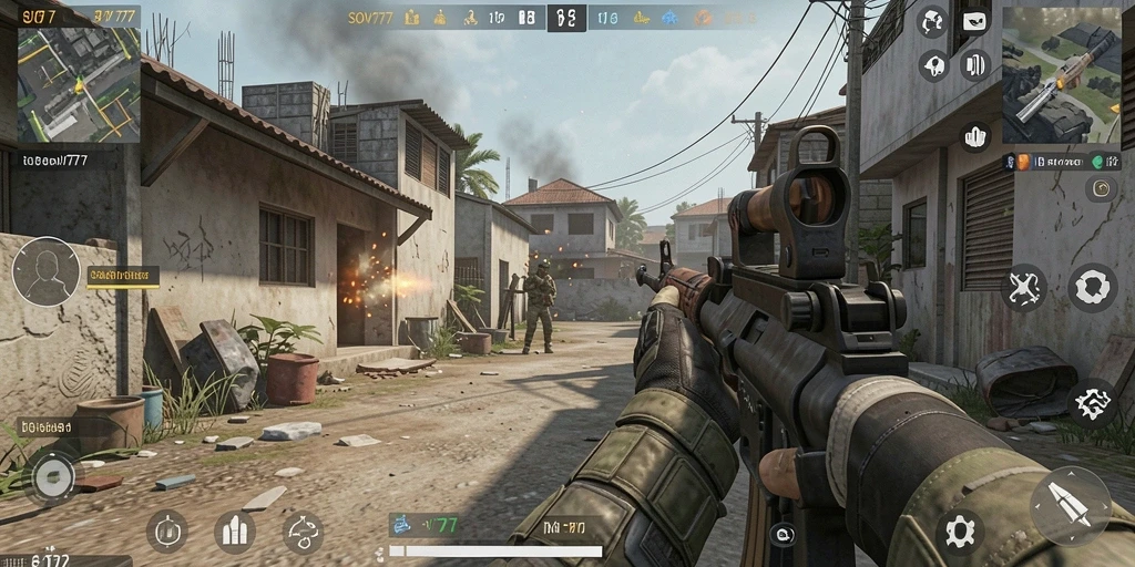 Tangkapan layar gameplay <strong>SOV777</strong> menampilkan aksi menembak yang intens dan grafis menawan.