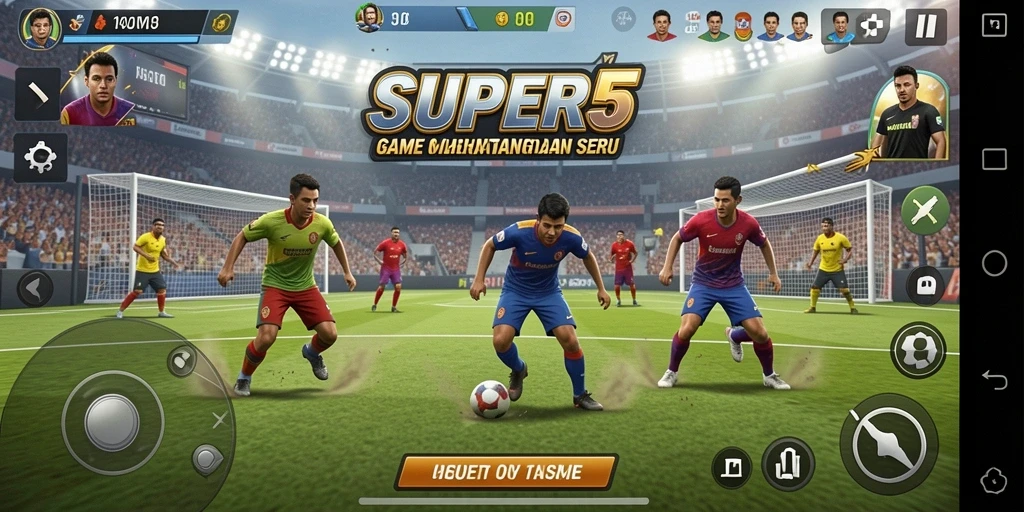 Tampilan memukau gameplay olahraga SUPER5 yang seru.
