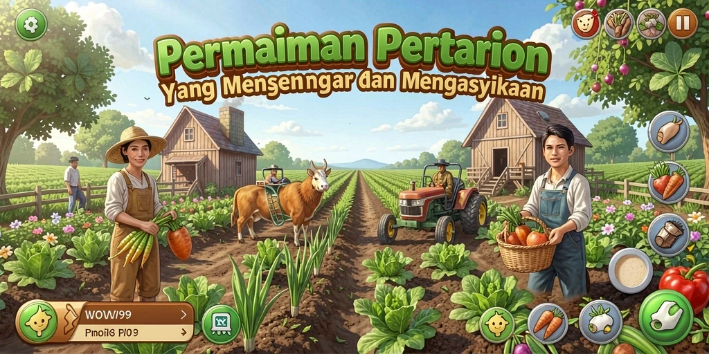 Tampilan gameplay WOW99 yang menampilkan ladang hijau dan hewan ternak.